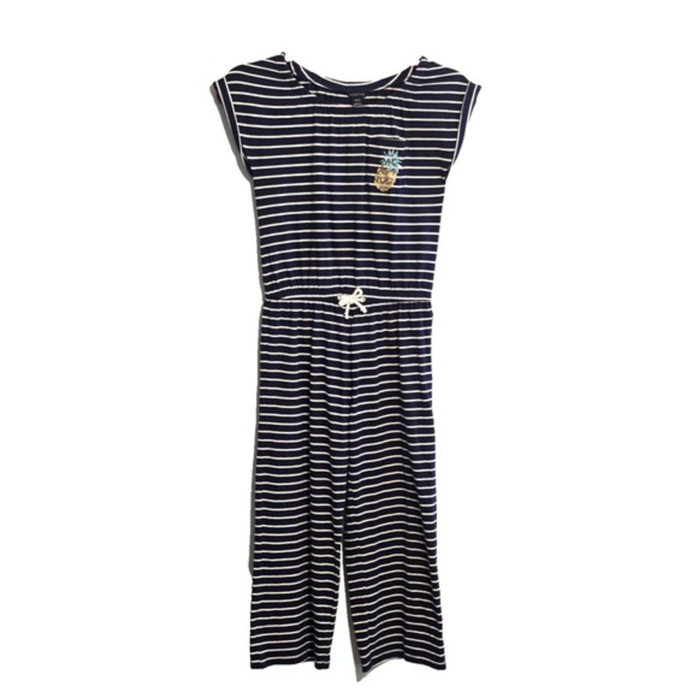 Nautica Blue White Striped Jumpsuit Girls Size M 8/10 Glitter Pineapple Nautical - Picture 1 of 10